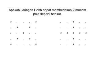 Apakah Jaringan Hebb dapat membedakan 2 macam
pola seperti berikut.
 