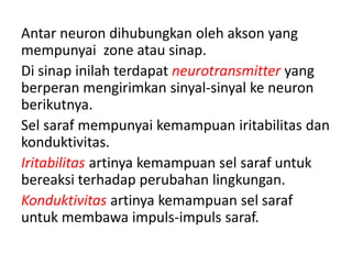 Antar neuron dihubungkan oleh akson yang 
mempunyai zone atau sinap. 
Di sinap inilah terdapat neurotransmitter yang 
berperan mengirimkan sinyal-sinyal ke neuron 
berikutnya. 
Sel saraf mempunyai kemampuan iritabilitas dan 
konduktivitas. 
Iritabilitas artinya kemampuan sel saraf untuk 
bereaksi terhadap perubahan lingkungan. 
Konduktivitas artinya kemampuan sel saraf 
untuk membawa impuls-impuls saraf. 
 
