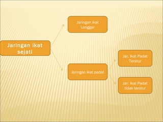 Jaringan ikat
sejati
Jaringan ikat
Longgar
Jaringan ikat padat
Jar. Ikat Padat
Teratur
Jar. Ikat Padat
tidak teratur
 