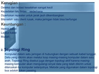 Kerugian :
Deteksi dan isolasi kesalahan sangat kecil
Kepadatan lalu lintas sederhana
Diperlukan repeater untuk jarak jauh dikembangkan
Bila salah satu client rusak, maka jaringan tidak bisa berfungsi
Keuntungan :
Hemat kabel
Layout kabel
Mudah
2. Topologi Ring
Komputer dalam satu jaringan di hubungkan dengan sebuah kabel tunggal.
Data yang dikirim akan melalui loop masing-masing komputer dalam satu
arah. Topologi Ring disebut juga dengan topologi aktif karena masing-
masing komputer akan mengulangi sinyal data yang telah dikirim untuk
diteruskan ke komputer selanjutnya. Metode yang digunakan dalam topologi
bus adalah token passing.
 