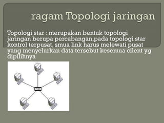 Topologi star : merupakan bentuk topologi
jaringan berupa percabangan,pada topologi star
kontrol terpusat, smua link harus melewati pusat
yang menyelurkan data tersebut kesemua cilent yg
dipilihnya
 