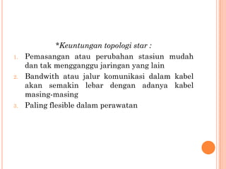 *Keuntungan topologi star :
1.   Pemasangan atau perubahan stasiun mudah
     dan tak mengganggu jaringan yang lain
2.   Bandwith atau jalur komunikasi dalam kabel
     akan semakin lebar dengan adanya kabel
     masing-masing
3.   Paling flesible dalam perawatan
 
