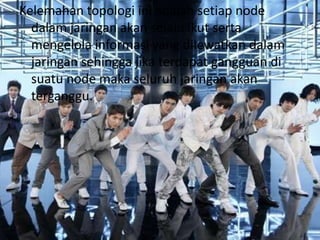 Kelemahan topologi ini adalah setiap node
  dalam jaringan akan selalu ikut serta
  mengelola informasi yang dilewatkan dalam
  jaringan sehingga jika terdapat gangguan di
  suatu node maka seluruh jaringan akan
  terganggu.
 