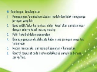     Keuntungan topologi star
1.    Pemasangan/perubahan stasiun mudah dan tidak menggangu
      jaringan yang lain
2.    Band width/jalur komunikasi dalam kabel akan semakin lebar
      dengan adanya kabel masing masing
3.    Palin fleksibel dalam perawatan
4.    Bila ada ganggun disalah satu kabel maka jaringan lainya tak
      terganggu
5.    Mudah mendeteksi dan isolasi kesalahan / kerusakan
6.    Kontrol terpusat pada suatu nodekhusus yang bisa berupa
      serve/hub.
 