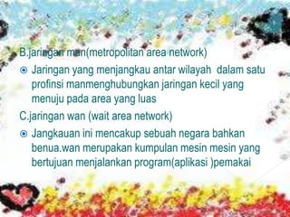 B.jaringan man(metropolitan area network)
 Jaringan yang menjangkau antar wilayah dalam satu
   profinsi manmenghubungkan jaringan kecil yang
   menuju pada area yang luas
C.jaringan wan (wait area network)
 Jangkauan ini mencakup sebuah negara bahkan
   benua.wan merupakan kumpulan mesin mesin yang
   bertujuan menjalankan program(aplikasi )pemakai
 