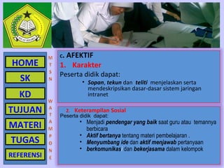 C. AFEKTIF
HOME        1. Karakter
            Peserta didik dapat:
   SK               • Sopan, tekun dan teliti menjelaskan serta
                      mendeskripsikan dasar-dasar sistem jaringan
  KD                  intranet

TUJUAN        2. Keterampilan Sosial
            Peserta didik dapat:
                   • Menjadi pendengar yang baik saat guru atau temannya
MATERI               berbicara
                   • Aktif bertanya tentang materi pembelajaran .
TUGAS              • Menyumbang ide dan aktif menjawab pertanyaan
                   • berkomunikasi dan bekerjasama dalam kelompok
REFERENSI
 