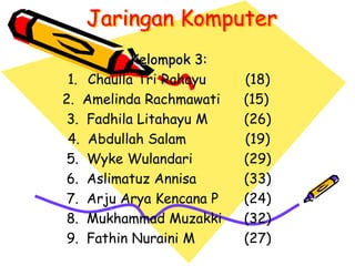 Jaringan Komputer
           Kelompok 3:
 1. Chaulla Tri Rahayu    (18)
2. Amelinda Rachmawati    (15)
 3. Fadhila Litahayu M    (26)
 4. Abdullah Salam        (19)
 5. Wyke Wulandari        (29)
 6. Aslimatuz Annisa      (33)
 7. Arju Arya Kencana P   (24)
 8. Mukhammad Muzakki     (32)
 9. Fathin Nuraini M      (27)
 