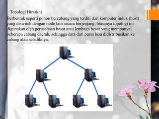  Topologi Hirarkhi
Berbentuk seperti pohon bercabang yang terditi dari komputer induk (host)
yang diswitch dengan node lain secara berjenjang, biasanya topologi ini
digunakan oleh perusahaan besar atau lembaga besar yang mempunyai
beberapa cabang daerah, sehingga data dari pusat bisa didistribusikan ke
cabang atau sebaliknya.
 