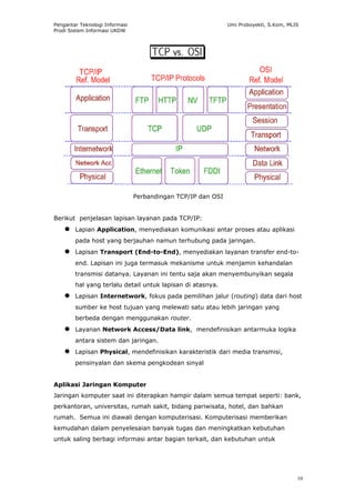 Pengantar Teknologi Informasi                                 Umi Proboyekti, S.Kom, MLIS
Prodi Sistem Informasi UKDW




                                Perbandingan TCP/IP dan OSI


Berikut penjelasan lapisan layanan pada TCP/IP:
     Lapian Application, menyediakan komunikasi antar proses atau aplikasi
        pada host yang berjauhan namun terhubung pada jaringan.
     Lapisan Transport (End-to-End), menyediakan layanan transfer end-to-
        end. Lapisan ini juga termasuk mekanisme untuk menjamin kehandalan
        transmisi datanya. Layanan ini tentu saja akan menyembunyikan segala
        hal yang terlalu detail untuk lapisan di atasnya.
     Lapisan Internetwork, fokus pada pemilihan jalur (routing) data dari host
        sumber ke host tujuan yang melewati satu atau lebih jaringan yang
        berbeda dengan menggunakan router.
     Layanan Network Access/Data link, mendefinisikan antarmuka logika
        antara sistem dan jaringan.
     Lapisan Physical, mendefinisikan karakteristik dari media transmisi,
        pensinyalan dan skema pengkodean sinyal


Aplikasi Jaringan Komputer
Jaringan komputer saat ini diterapkan hampir dalam semua tempat seperti: bank,
perkantoran, universitas, rumah sakit, bidang pariwisata, hotel, dan bahkan
rumah. Semua ini diawali dengan komputerisasi. Komputerisasi memberikan
kemudahan dalam penyelesaian banyak tugas dan meningkatkan kebutuhan
untuk saling berbagi informasi antar bagian terkait, dan kebutuhan untuk




                                                                                        10
 