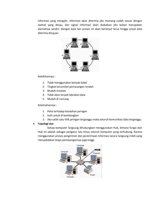 informasi yang mengalir, informasi akan diterima jika memang sudah sesuai dengan alamat yang dituju, dan signal informasi akan diabaikan jika bukan merupakan alamatnya sendiri. Dengan kata lain proses ini akan berlanjut terus hingga sinyal data diterima ditujuan. 
Kelebihannya : 
1. Tidak menggunakan banyak kabel 
2. Tingkat kerumitan pemasangan rendah 
3. Mudah instalasi 
4. Tidak akan terjadi tabrakan data 
5. Mudah di rancang 
Kelemahannya : 
1. Peka terhadap kesalahan jaringan 
2. Sulit untuk di kembangkan 
3. Jika salah satu titik jaringan terganggu maka seluruh komunikasi data terganggu. 
 Topologi star Setiap komputer langsung dihubungkan menggunakan Hub, dimana fungsi dari Hub ini adalah sebagai pengatur lalu lintas seluruh komputer yang terhubung. Karena menggunakan proses pengiriman dan penerimaan informasi secara langsung inilah yang menyebabkan biaya pemasangannya juga tinggi. 
 