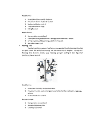 Kelebihannya : 
1. Deteksi kesalahan mudah dilakukan 
2. Perubahan stasiun mudah di lakukan 
3. Mudah melakukan control 
4. Tingkat keamanan tinggi 
5. Paling fleksibel 
Kelemahannya : 
1. Menggunakan banyak kabel 
2. Kemungkinan terjadi tabrak data sehingga komunikasi data lambat 
3. Jaringannya sangat bergantung pada terminal pusat 
4. Memakan biaya tinggi 
 Topologi Tree Topologi tree ini merupakan hasil pengembangan dari topologi star dan topologi bus yang terdiri dari kumpulan topologi star dan dihubungkan dengan 1 topologi bus. Topologi tree biasanya disebut juga topologi jaringan bertingkat dan digunakan interkoneksi antar sentral. Kelebihannya : 1. Deteksi kesalahannya mudah dilakukan 2. Perubahan bentuk suatu kelompok mudah dilakukan karena tidak mengganggu jaringan 3. Mudah melakukan control Kekurangannya : 1. Menggunakan banyak kabel 2. Sering terjadi tabrak data 3. Cara kerjanya lambat  