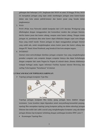 gabungan dari beberapa LAN. Jangkauan dari MAN ini antar 10 hingga 50 km, MAN
ini merupakan jaringan yang tepat untuk membangun jaringan antar kantor-kantor
dalam satu kota antara pabrik/instansi dan kantor pusat yang berada dalam
jangkauannya
3. WAN
WAN (Wide Area Network) adalah kumpulan dari LAN dan/atau Workgroup yang
dihubungkan dengan menggunakan alat komunikasi modem dan jaringan Internet,
dari/ke kantor pusat dan kantor cabang, maupun antar kantor cabang. Dengan sistem
jaringan ini, pertukaran data antar kantor dapat dilakukan dengan cepat serta dengan
biaya yang relatif murah. Sistem jaringan ini dapat menggunakan jaringan Internet
yang sudah ada, untuk menghubungkan antara kantor pusat dan kantor cabang atau
dengan PC Stand Alone/Notebook yang berada di lain kota ataupun negara.
4. INTERNET
Internet (inter-network)dapat diartikan jaringan computer luas yang menghubungkan
pemakai computer satu computer dengan computer lainnya dan dapat berhubungan
dengan computer dari suatu Negara ke Negara di seluruh dunia ,dimana didalamnya
terdapat berbagai aneka ragam informasi Fasilitas layanan internet Browsing atau
surfing Yaitu kegiatan “berselancar” di internet
2.3 MACAM-MACAM TOPOLOGI JARINGAN
 Topologi jaringan komputer Type Bus
Topologi jaringan komputer Bus kedua ujung jaringan harus diakhiri dengan
terminator. Laras konektor dapat digunakan untuk menyambung/menambah panjang.
topologi Bus merupakan topologi jaring komputer paling tua dalam teknologi jaringan
Ethernet dan terdiri dari cable coaxial yang menghubungkan komputer yang ada dalam
jaringan dimana tiap komputer terhubung dengan sambungan konektor BNC jenis T
• Keuntungan Topologi Bus :
5
 