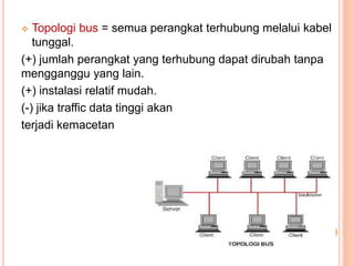  Topologi bus = semua perangkat terhubung melalui kabel
tunggal.
(+) jumlah perangkat yang terhubung dapat dirubah tanpa
mengganggu yang lain.
(+) instalasi relatif mudah.
(-) jika traffic data tinggi akan
terjadi kemacetan
 