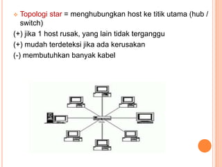  Topologi star = menghubungkan host ke titik utama (hub /
switch)
(+) jika 1 host rusak, yang lain tidak terganggu
(+) mudah terdeteksi jika ada kerusakan
(-) membutuhkan banyak kabel
 