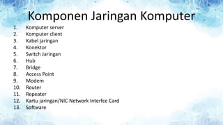 Komponen Jaringan Komputer
1. Komputer server
2. Komputer client
3. Kabel jaringan
4. Konektor
5. Switch Jaringan
6. Hub
7. Bridge
8. Access Point
9. Modem
10. Router
11. Repeater
12. Kartu jaringan/NIC Network Interfce Card
13. Software
 