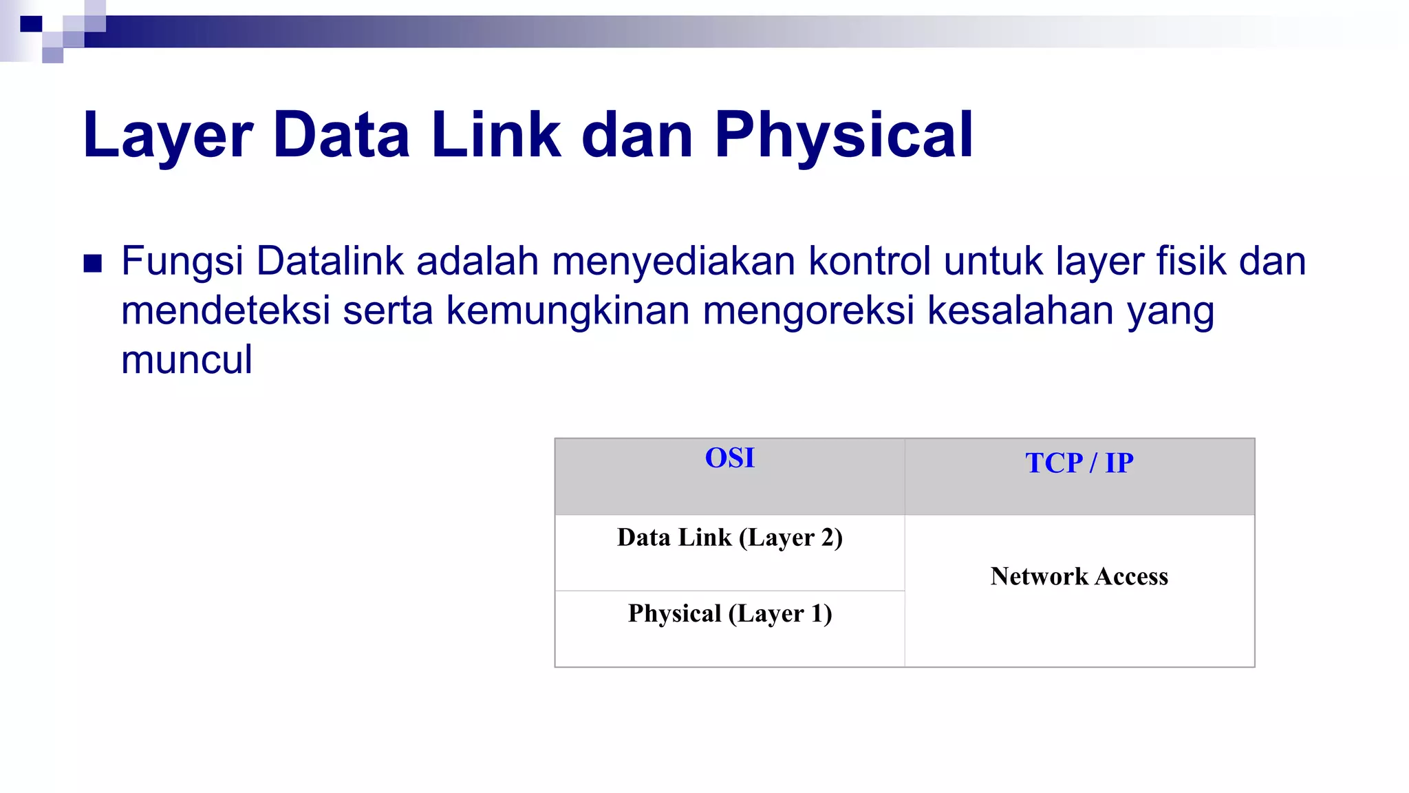 Layer Data Link dan Physical
 Fungsi Datalink adalah menyediakan kontrol untuk layer fisik dan
mendeteksi serta kemungkinan mengoreksi kesalahan yang
muncul
OSI TCP / IP
Data Link (Layer 2)
Network Access
Physical (Layer 1)
 