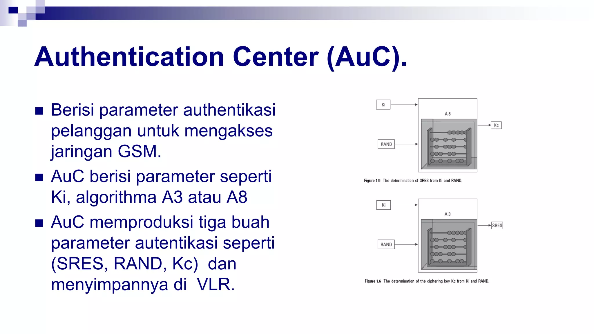 Authentication Center (AuC).
 Berisi parameter authentikasi
pelanggan untuk mengakses
jaringan GSM.
 AuC berisi parameter seperti
Ki, algorithma A3 atau A8
 AuC memproduksi tiga buah
parameter autentikasi seperti
(SRES, RAND, Kc) dan
menyimpannya di VLR.
 
