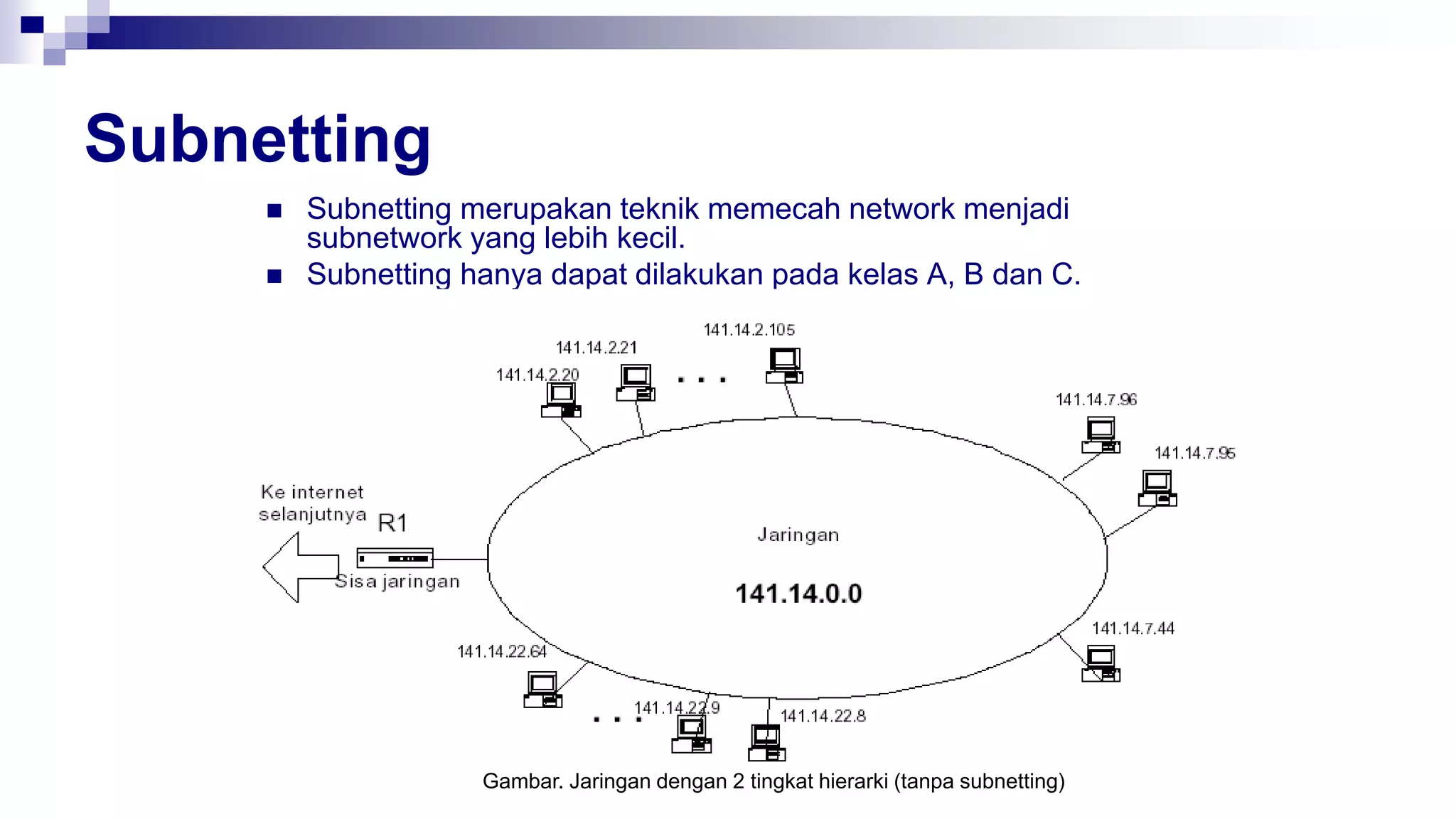 Subnetting
 Subnetting merupakan teknik memecah network menjadi
subnetwork yang lebih kecil.
 Subnetting hanya dapat dilakukan pada kelas A, B dan C.
Gambar. Jaringan dengan 2 tingkat hierarki (tanpa subnetting)
 