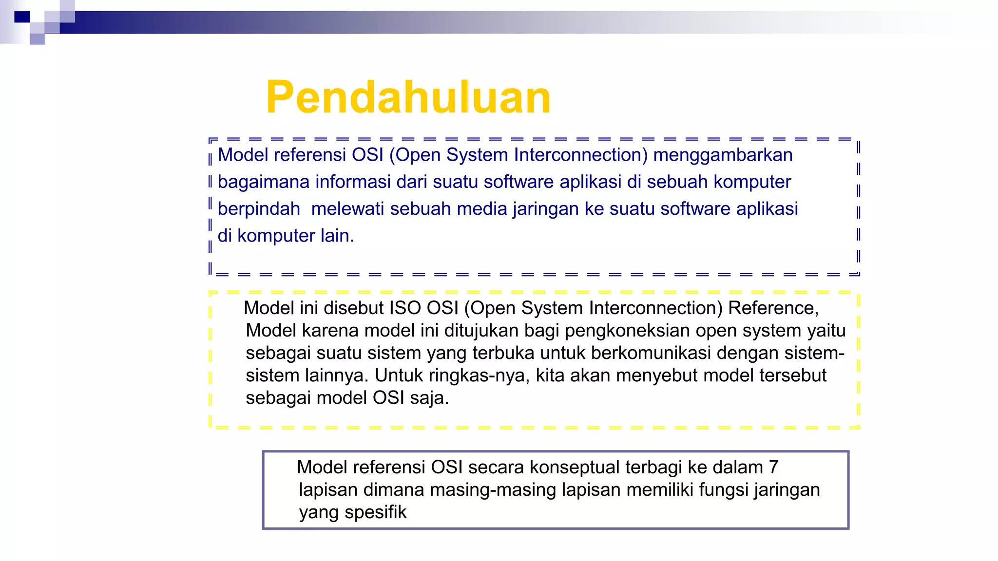 Pendahuluan
Model referensi OSI (Open System Interconnection) menggambarkan
bagaimana informasi dari suatu software aplikasi di sebuah komputer
berpindah melewati sebuah media jaringan ke suatu software aplikasi
di komputer lain.
Model ini disebut ISO OSI (Open System Interconnection) Reference,
Model karena model ini ditujukan bagi pengkoneksian open system yaitu
sebagai suatu sistem yang terbuka untuk berkomunikasi dengan sistem-
sistem lainnya. Untuk ringkas-nya, kita akan menyebut model tersebut
sebagai model OSI saja.
Model referensi OSI secara konseptual terbagi ke dalam 7
lapisan dimana masing-masing lapisan memiliki fungsi jaringan
yang spesifik
 