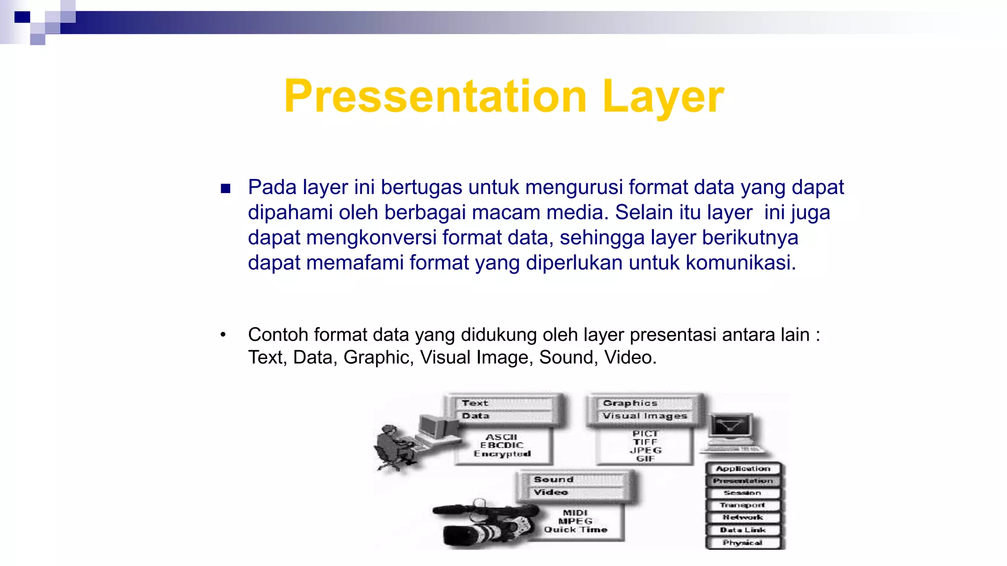 Pressentation Layer
 Pada layer ini bertugas untuk mengurusi format data yang dapat
dipahami oleh berbagai macam media. Selain itu layer ini juga
dapat mengkonversi format data, sehingga layer berikutnya
dapat memafami format yang diperlukan untuk komunikasi.
• Contoh format data yang didukung oleh layer presentasi antara lain :
Text, Data, Graphic, Visual Image, Sound, Video.
 