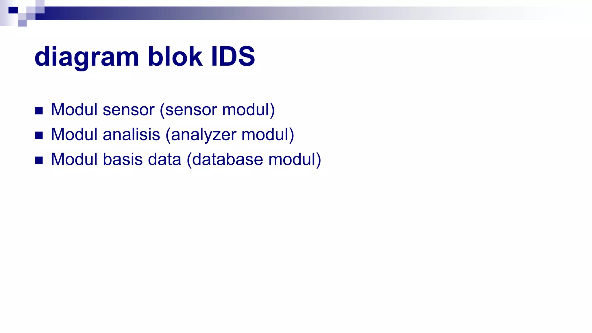 diagram blok IDS
 Modul sensor (sensor modul)
 Modul analisis (analyzer modul)
 Modul basis data (database modul)
 