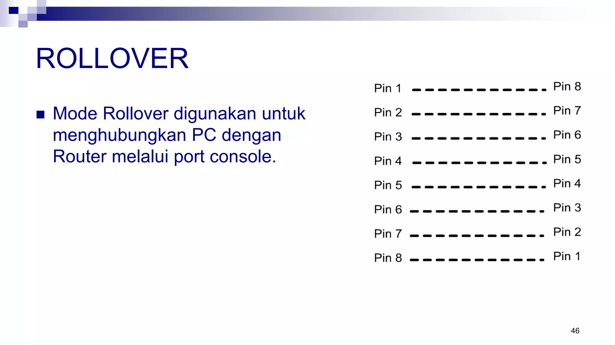 ROLLOVER
 Mode Rollover digunakan untuk
menghubungkan PC dengan
Router melalui port console.
46
 