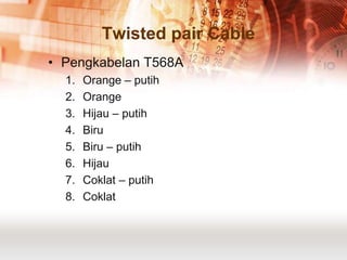 Twisted pair Cable
• Pengkabelan T568A
  1.   Orange – putih
  2.   Orange
  3.   Hijau – putih
  4.   Biru
  5.   Biru – putih
  6.   Hijau
  7.   Coklat – putih
  8.   Coklat
 
