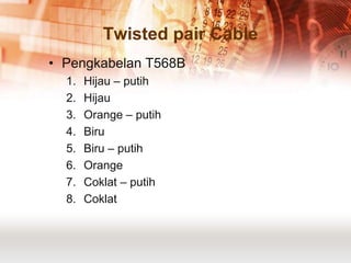 Twisted pair Cable
• Pengkabelan T568B
  1.   Hijau – putih
  2.   Hijau
  3.   Orange – putih
  4.   Biru
  5.   Biru – putih
  6.   Orange
  7.   Coklat – putih
  8.   Coklat
 