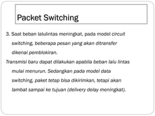 Packet Switching
3. Saat beban lalulintas meningkat, pada model circuit
switching, beberapa pesan yang akan ditransfer
dikenai pemblokiran.

Transmisi baru dapat dilakukan apabila beban lalu lintas
mulai menurun. Sedangkan pada model data
switching, paket tetap bisa dikirimkan, tetapi akan

lambat sampai ke tujuan (delivery delay meningkat).

 