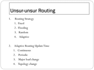 Unsur-unsur Routing
1.

2.

Routing Strategy
1. Fixed
2. Flooding
3. Random
4. Adaptive
Adaptive Routing Update Time
1. Continuous
2. Periodic
3. Major load change
4. Topology change

 