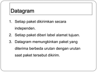 Datagram
1. Setiap paket dikirimkan secara

independen.
2. Setiap paket diberi label alamat tujuan.
3. Datagram memungkinkan paket yang
diterima berbeda urutan dengan urutan
saat paket tersebut dikirim.

 