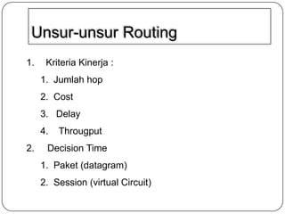 Unsur-unsur Routing
1.

Kriteria Kinerja :

1. Jumlah hop
2. Cost
3. Delay

4.
2.

Througput

Decision Time
1. Paket (datagram)
2. Session (virtual Circuit)

 