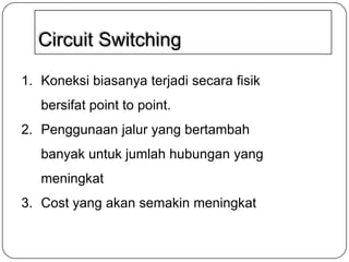 Circuit Switching
1. Koneksi biasanya terjadi secara fisik
bersifat point to point.
2. Penggunaan jalur yang bertambah

banyak untuk jumlah hubungan yang
meningkat
3. Cost yang akan semakin meningkat

 