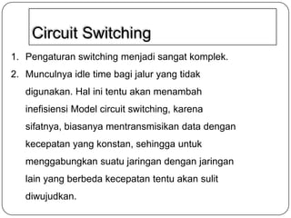 Circuit Switching
1. Pengaturan switching menjadi sangat komplek.
2. Munculnya idle time bagi jalur yang tidak

digunakan. Hal ini tentu akan menambah
inefisiensi Model circuit switching, karena
sifatnya, biasanya mentransmisikan data dengan
kecepatan yang konstan, sehingga untuk
menggabungkan suatu jaringan dengan jaringan
lain yang berbeda kecepatan tentu akan sulit
diwujudkan.

 