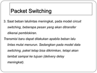 Packet Switching
3. Saat beban lalulintas meningkat, pada model circuit

switching, beberapa pesan yang akan ditransfer
dikenai pemblokiran.
Transmisi baru dapat dilakukan apabila beban lalu

lintas mulai menurun. Sedangkan pada model data
switching, paket tetap bisa dikirimkan, tetapi akan
lambat sampai ke tujuan (delivery delay
meningkat).

 