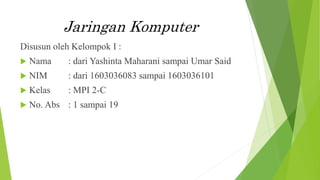Jaringan Komputer
Disusun oleh Kelompok I :
 Nama : dari Yashinta Maharani sampai Umar Said
 NIM : dari 1603036083 sampai 1603036101
 Kelas : MPI 2-C
 No. Abs : 1 sampai 19
 