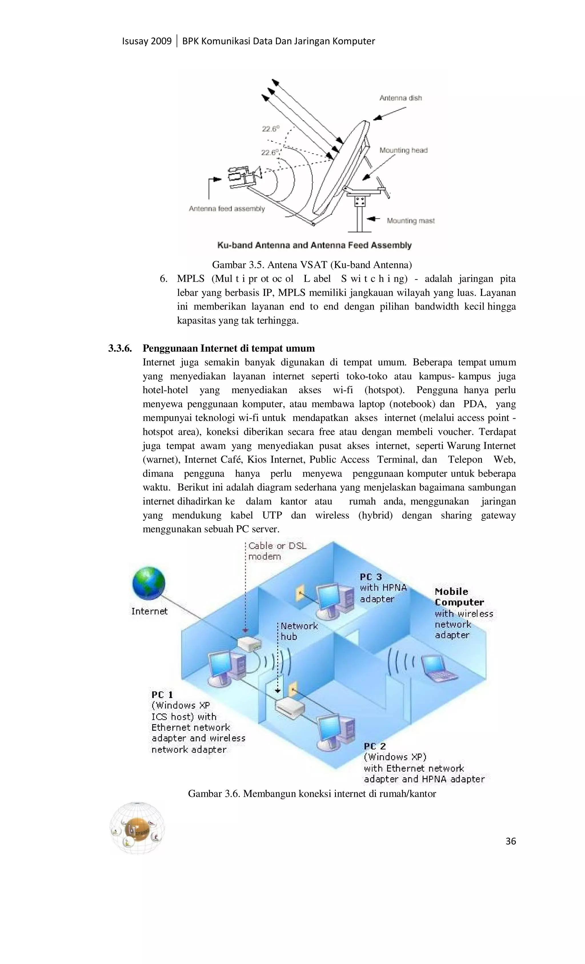 Isusay 2009 BPK Komunikasi Data Dan Jaringan Komputer




                       Gambar 3.5. Antena VSAT (Ku-band Antenna)
            6. MPLS (Mul t i pr ot oc ol L abel S wi t c h i ng) - adalah jaringan pita
               lebar yang berbasis IP, MPLS memiliki jangkauan wilayah yang luas. Layanan
               ini memberikan layanan end to end dengan pilihan bandwidth kecil hingga
               kapasitas yang tak terhingga.

3.3.6.   Penggunaan Internet di tempat umum
         Internet juga semakin banyak digunakan di tempat umum. Beberapa tempat umum
         yang menyediakan layanan internet seperti toko-toko atau kampus- kampus juga
         hotel-hotel yang menyediakan akses wi-fi (hotspot). Pengguna hanya perlu
         menyewa penggunaan komputer, atau membawa laptop (notebook) dan PDA, yang
         mempunyai teknologi wi-fi untuk mendapatkan akses internet (melalui access point -
         hotspot area), koneksi diberikan secara free atau dengan membeli voucher. Terdapat
         juga tempat awam yang menyediakan pusat akses internet, seperti Warung Internet
         (warnet), Internet Café, Kios Internet, Public Access Terminal, dan Telepon Web,
         dimana pengguna hanya perlu menyewa penggunaan komputer untuk beberapa
         waktu. Berikut ini adalah diagram sederhana yang menjelaskan bagaimana sambungan
         internet dihadirkan ke dalam kantor atau        rumah anda, menggunakan jaringan
         yang mendukung kabel UTP dan wireless (hybrid) dengan sharing gateway
         menggunakan sebuah PC server.




                  Gambar 3.6. Membangun koneksi internet di rumah/kantor



                                                                                        36
 