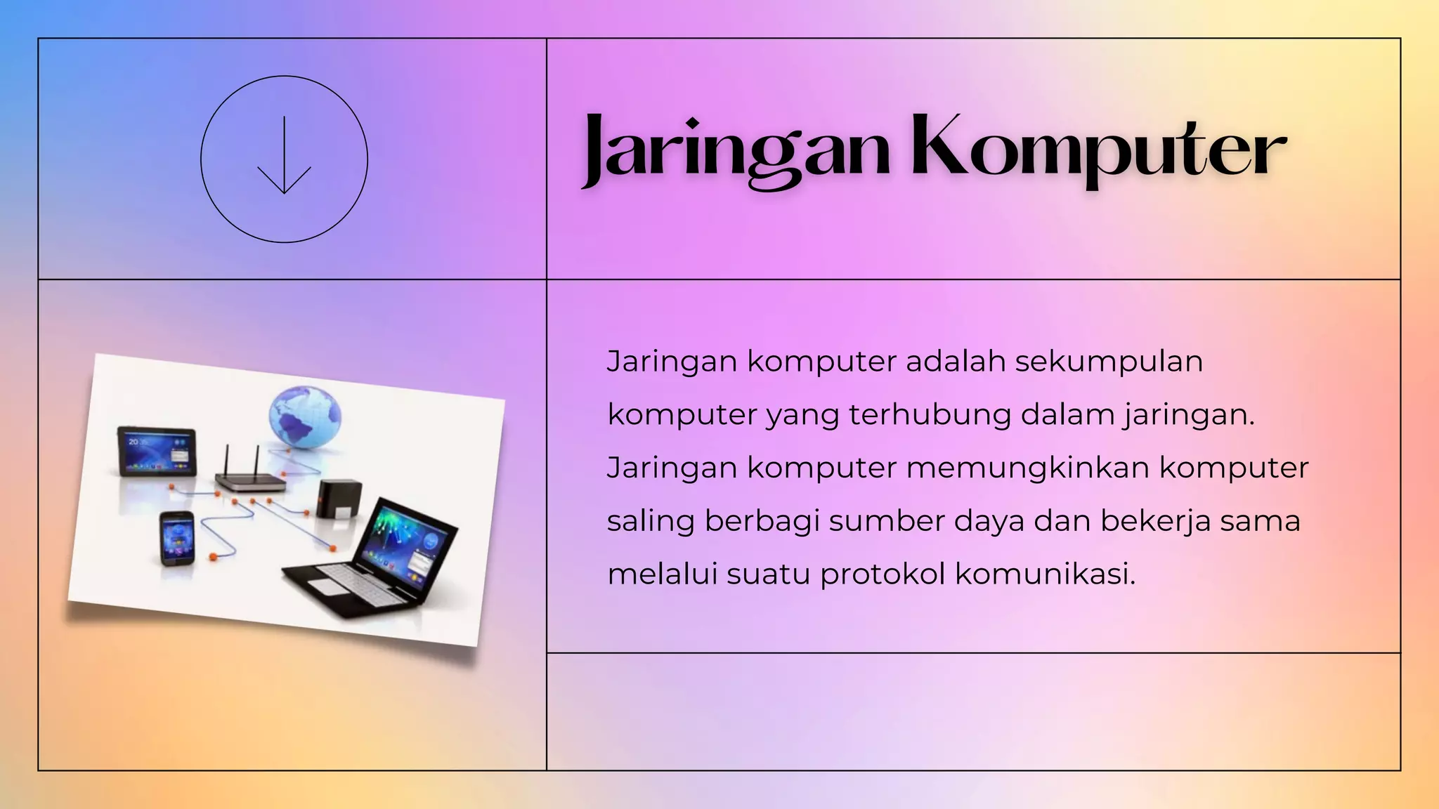 Jaringan komputer adalah sekumpulan
komputer yang terhubung dalam jaringan.
Jaringan komputer memungkinkan komputer
saling berbagi sumber daya dan bekerja sama
melalui suatu protokol komunikasi.
 