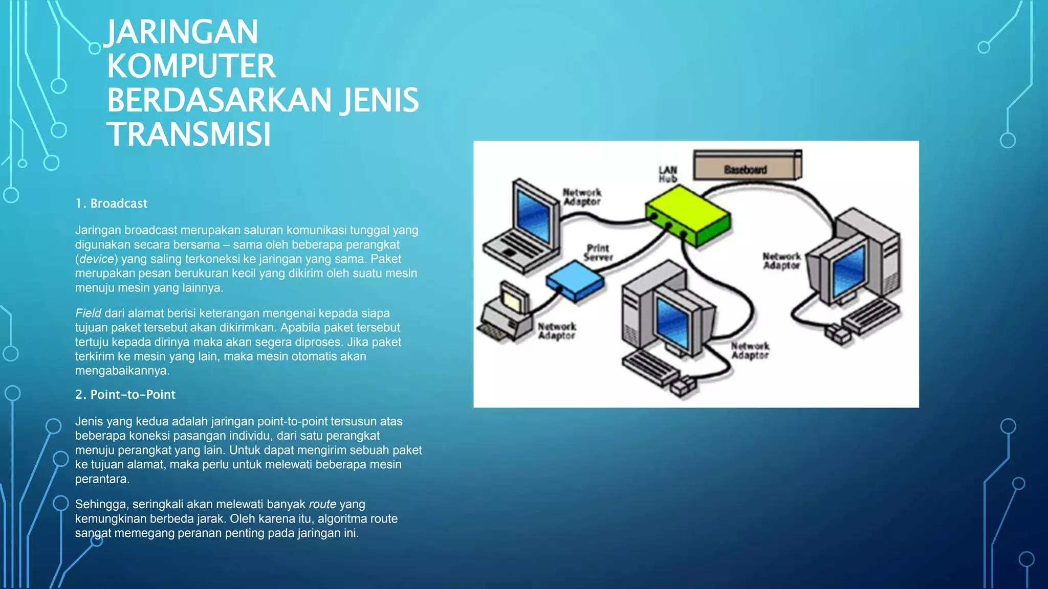 JARINGAN
KOMPUTER
BERDASARKAN JENIS
TRANSMISI
1. Broadcast
Jaringan broadcast merupakan saluran komunikasi tunggal yang
digunakan secara bersama – sama oleh beberapa perangkat
(device) yang saling terkoneksi ke jaringan yang sama. Paket
merupakan pesan berukuran kecil yang dikirim oleh suatu mesin
menuju mesin yang lainnya.
Field dari alamat berisi keterangan mengenai kepada siapa
tujuan paket tersebut akan dikirimkan. Apabila paket tersebut
tertuju kepada dirinya maka akan segera diproses. Jika paket
terkirim ke mesin yang lain, maka mesin otomatis akan
mengabaikannya.
2. Point-to-Point
Jenis yang kedua adalah jaringan point-to-point tersusun atas
beberapa koneksi pasangan individu, dari satu perangkat
menuju perangkat yang lain. Untuk dapat mengirim sebuah paket
ke tujuan alamat, maka perlu untuk melewati beberapa mesin
perantara.
Sehingga, seringkali akan melewati banyak route yang
kemungkinan berbeda jarak. Oleh karena itu, algoritma route
sangat memegang peranan penting pada jaringan ini.
 