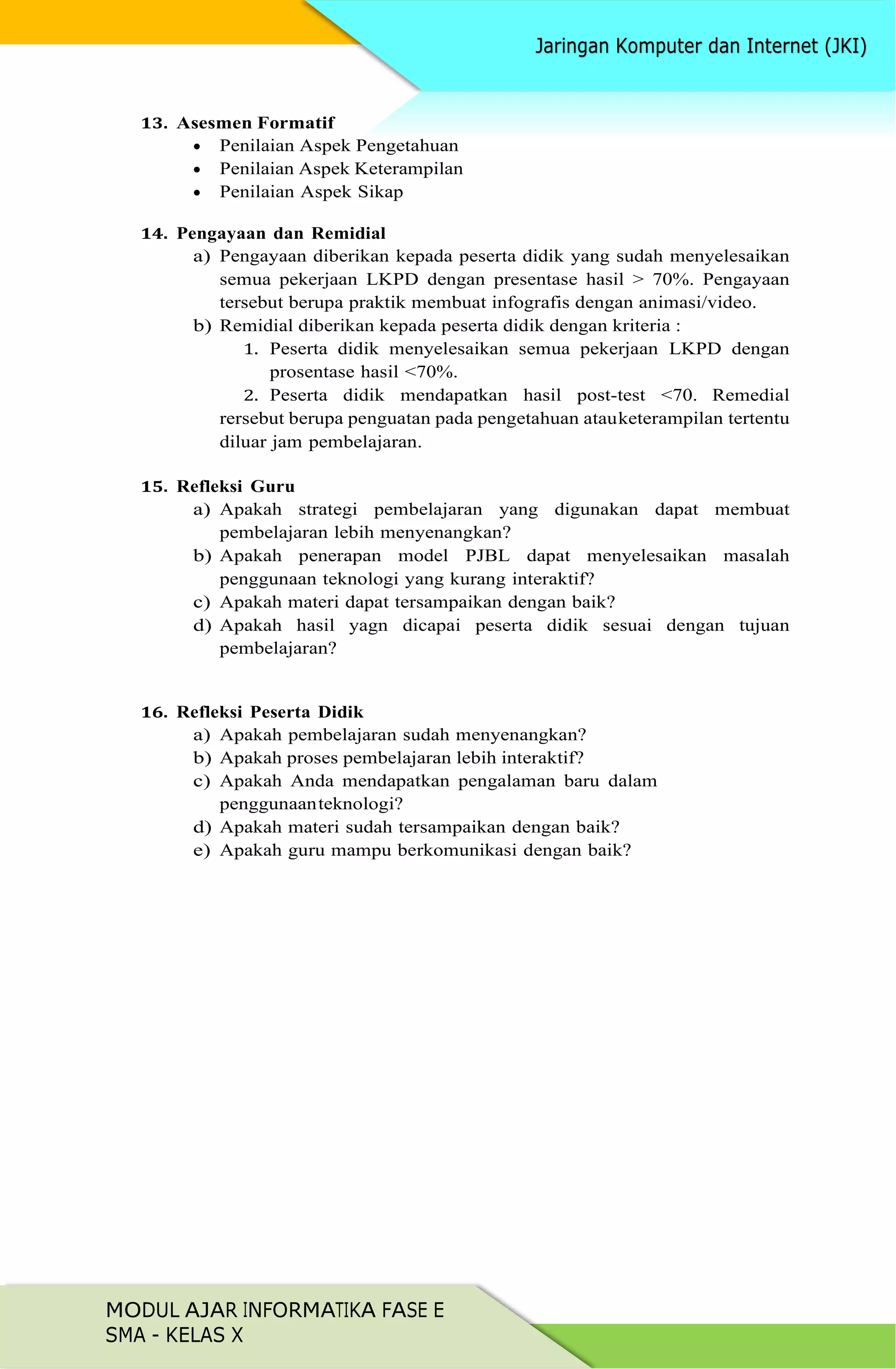 MODUL AJAR INFORMATIKA FASE E
SMA - KELAS X
13. Asesmen Formatif
 Penilaian Aspek Pengetahuan
 Penilaian Aspek Keterampilan
 Penilaian Aspek Sikap
14. Pengayaan dan Remidial
a) Pengayaan diberikan kepada peserta didik yang sudah menyelesaikan
semua pekerjaan LKPD dengan presentase hasil > 70%. Pengayaan
tersebut berupa praktik membuat infografis dengan animasi/video.
b) Remidial diberikan kepada peserta didik dengan kriteria :
1. Peserta didik menyelesaikan semua pekerjaan LKPD dengan
prosentase hasil <70%.
2. Peserta didik mendapatkan hasil post-test <70. Remedial
rersebut berupa penguatan pada pengetahuan atauketerampilan tertentu
diluar jam pembelajaran.
15. Refleksi Guru
a) Apakah strategi pembelajaran yang digunakan dapat membuat
pembelajaran lebih menyenangkan?
b) Apakah penerapan model PJBL dapat menyelesaikan masalah
penggunaan teknologi yang kurang interaktif?
c) Apakah materi dapat tersampaikan dengan baik?
d) Apakah hasil yagn dicapai peserta didik sesuai dengan tujuan
pembelajaran?
16. Refleksi Peserta Didik
a) Apakah pembelajaran sudah menyenangkan?
b) Apakah proses pembelajaran lebih interaktif?
c) Apakah Anda mendapatkan pengalaman baru dalam
penggunaanteknologi?
d) Apakah materi sudah tersampaikan dengan baik?
e) Apakah guru mampu berkomunikasi dengan baik?
 