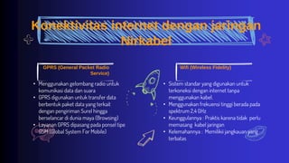 Konektivitas internet dengan jaringan
Nirkabel
• Menggunakan gelombang radio untuk
komunikasi data dan suara
• GPRS digunakan untuk transfer data
berbentuk paket data yang terkait
dengan pengiriman Surel hingga
berselancar di dunia maya (Browsing)
• Layanan GPRS dipasang pada ponsel tipe
GSM (Global System For Mobile)
• Sistem standar yang digunakan untuk
terkoneksi dengan internet tanpa
menggunakan kabel.
• Menggunakan frekuensi tinggi berada pada
spektrum 2,4 GHz
• Keunggulannya : Praktis karena tidak perlu
memasang kabel jaringan
• Kelemahannya : Memilikii jangkauan yang
terbatas
GPRS (General Packet Radio
Service)
Wifi (Wireless Fidelity)
 