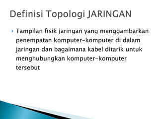Tampilan fisik jaringan yang menggambarkan penempatan komputer-komputer di dalam jaringan dan bagaimana kabel ditarik untuk menghubungkan komputer-komputer tersebut 