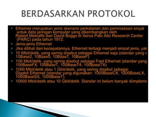 Ethernet merupakan jenis skenario  perkabelan  dan pemrosesan  sinyal  untuk  data  jaringan  komputer  yang dikembangkan oleh  Robert Metcalfe  dan  David Boggs  di  Xerox   Palo Alto Research Center  (PARC) pada tahun  1972 . Jenis-jenis Ethernet Jika dilihat dari kecepatannya, Ethernet terbagi menjadi empat jenis, yakni sebagai berikut: 10 Mbit/detik, yang sering disebut sebagai Ethernet saja (standar yang digunakan:  10Base2 ,  10Base5 ,  10BaseT ,  10BaseF ) 100 Mbit/detik, yang sering disebut sebagai Fast Ethernet (standar yang digunakan:  100BaseFX ,  100BaseT ,  100BaseT4 ,  100BaseTX ) 1000 Mbit/detik atau 1 Gbit/detik, yang sering disebut sebagai  Gigabit Ethernet  (standar yang digunakan:  1000BaseCX ,  1000BaseLX ,  1000BaseSX ,  1000BaseT ). 10000 Mbit/detik atau 10 Gbit/detik. Standar ini belum banyak diimplementasikan. 