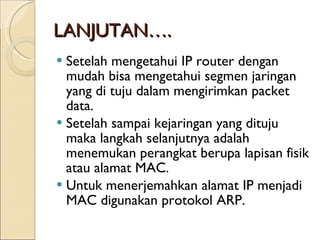 LANJUTAN…. Setelah mengetahui IP router dengan mudah bisa mengetahui segmen jaringan yang di tuju dalam mengirimkan packet data.  Setelah sampai kejaringan yang dituju maka langkah selanjutnya adalah menemukan perangkat berupa lapisan fisik atau alamat MAC.  Untuk menerjemahkan alamat IP menjadi MAC digunakan protokol ARP.  