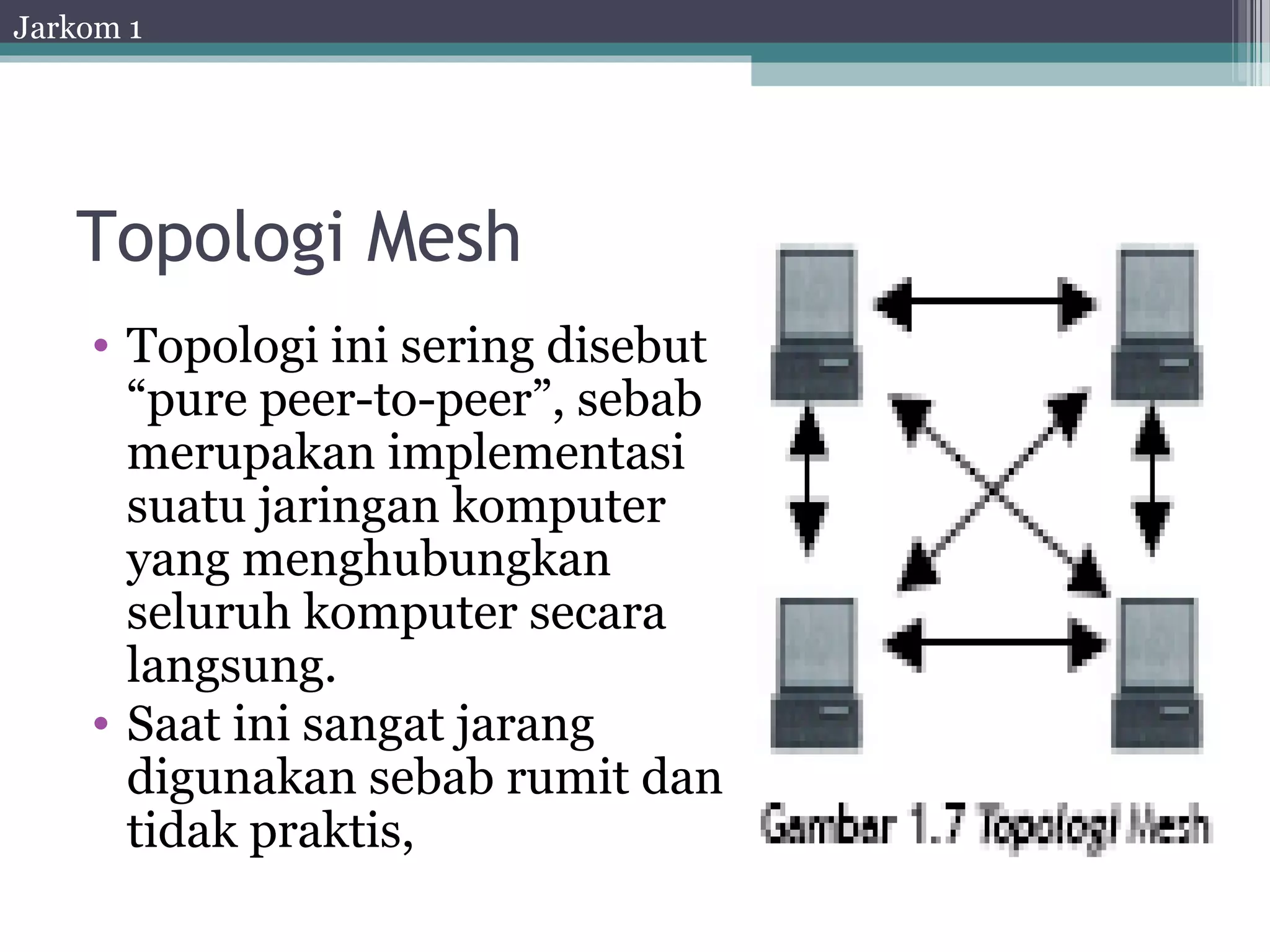 Jarkom 1




   Topologi Mesh
    • Topologi ini sering disebut
      “pure peer-to-peer”, sebab
      merupakan implementasi
      suatu jaringan komputer
      yang menghubungkan
      seluruh komputer secara
      langsung.
    • Saat ini sangat jarang
      digunakan sebab rumit dan
      tidak praktis,
 