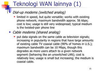 Teknologi WAN lainnya (1)
   Dial-up modems (switched analog)
       limited in speed, but quite versatile; works with existing
        phone network; maximum bandwidth approx. 56 kbps;
        cost is low; usage is still very widespread; typical medium
        is the twisted-pair phone line
   Cable modems (shared analog)
       put data signals on the same cable as television signals;
        increasing in popularity in regions that have large amounts
        of existing cable TV coaxial cable (90% of homes in U.S.);
        maximum bandwidth can be 10 Mbps, though this
        degrades as more users attach to a given network
        segment (behaving like an unswitched LAN); cost is
        relatively low; usage is small but increasing; the medium is
        coaxial cable.

                                                                15
 