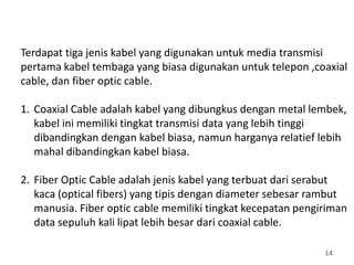14
Terdapat tiga jenis kabel yang digunakan untuk media transmisi
pertama kabel tembaga yang biasa digunakan untuk telepon ,coaxial
cable, dan fiber optic cable.
1. Coaxial Cable adalah kabel yang dibungkus dengan metal lembek,
kabel ini memiliki tingkat transmisi data yang lebih tinggi
dibandingkan dengan kabel biasa, namun harganya relatief lebih
mahal dibandingkan kabel biasa.
2. Fiber Optic Cable adalah jenis kabel yang terbuat dari serabut
kaca (optical fibers) yang tipis dengan diameter sebesar rambut
manusia. Fiber optic cable memiliki tingkat kecepatan pengiriman
data sepuluh kali lipat lebih besar dari coaxial cable.
 