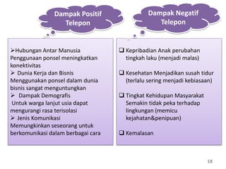 18
Hubungan Antar Manusia
Penggunaan ponsel meningkatkan
konektivitas
 Dunia Kerja dan Bisnis
Menggunakan ponsel dalam dunia
bisnis sangat menguntungkan
 Dampak Demografis
Untuk warga lanjut usia dapat
mengurangi rasa terisolasi
 Jenis Komunikasi
Memungkinkan seseorang untuk
berkomunikasi dalam berbagai cara
 Kepribadian Anak perubahan
tingkah laku (menjadi malas)
 Kesehatan Menjadikan susah tidur
(terlalu sering menjadi kebiasaan)
 Tingkat Kehidupan Masyarakat
Semakin tidak peka terhadap
lingkungan (memicu
kejahatan&penipuan)
 Kemalasan
Dampak Positif
Telepon
Dampak Negatif
Telepon
 