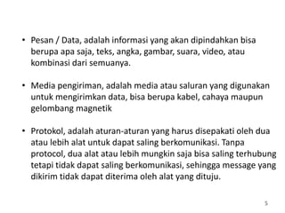 5
• Pesan / Data, adalah informasi yang akan dipindahkan bisa
berupa apa saja, teks, angka, gambar, suara, video, atau
kombinasi dari semuanya.
• Media pengiriman, adalah media atau saluran yang digunakan
untuk mengirimkan data, bisa berupa kabel, cahaya maupun
gelombang magnetik
• Protokol, adalah aturan-aturan yang harus disepakati oleh dua
atau lebih alat untuk dapat saling berkomunikasi. Tanpa
protocol, dua alat atau lebih mungkin saja bisa saling terhubung
tetapi tidak dapat saling berkomunikasi, sehingga message yang
dikirim tidak dapat diterima oleh alat yang dituju.
 