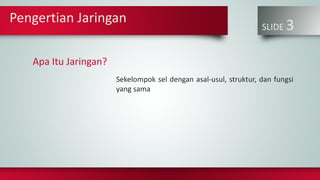 Pengertian Jaringan
SLIDE 3
Apa Itu Jaringan?
Sekelompok sel dengan asal-usul, struktur, dan fungsi
yang sama
 